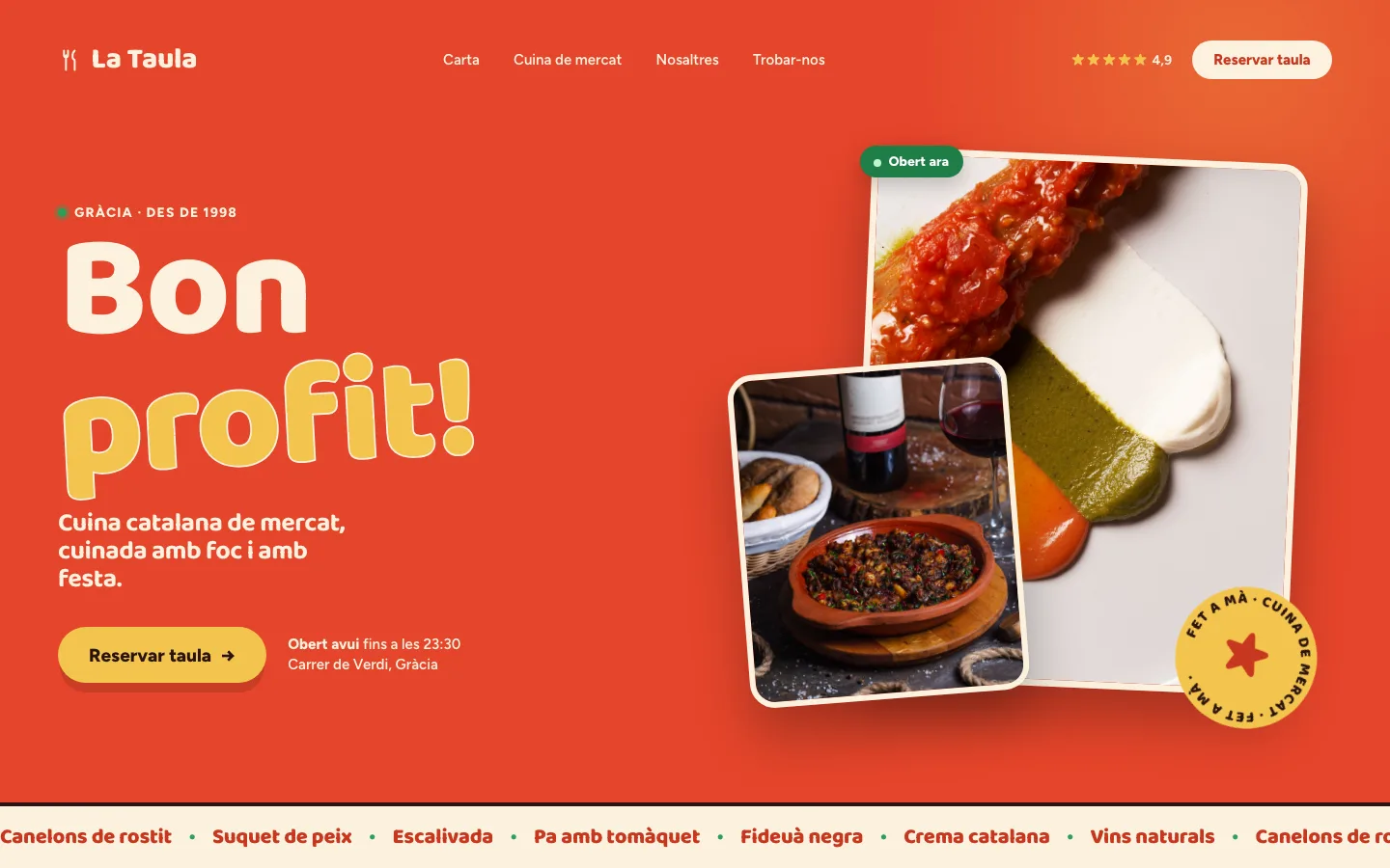 Ejemplo de página web para restaurante diseñada por Boca Studio: La Taula, en Gràcia, Barcelona