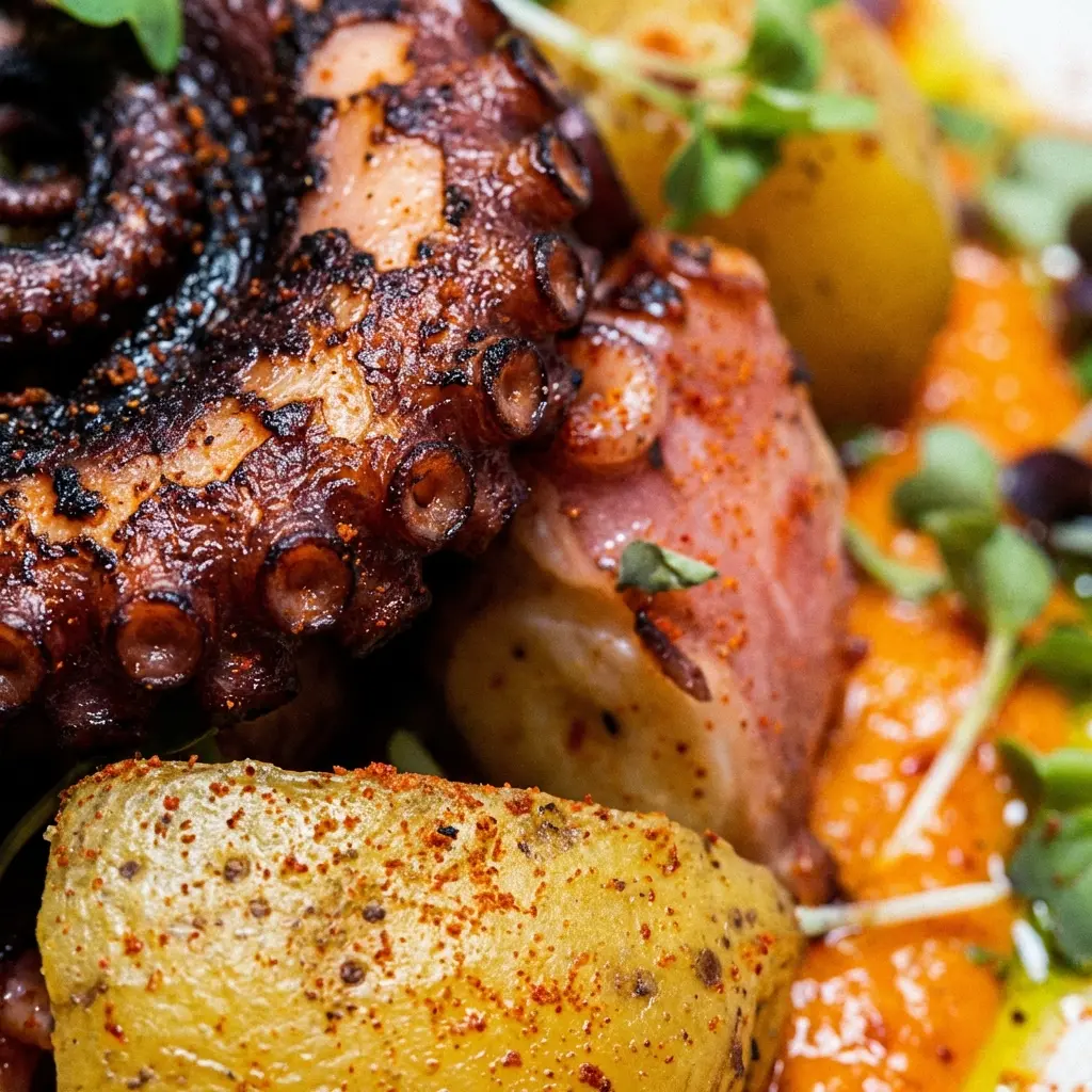 Detalle de foto profesional gastronómica de pulpo a la brasa hecha por IA de restaurante.